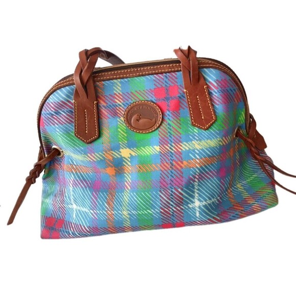 Dooney & Bourke Domed Handbag Rainbow Tartan Plaid Satchel Purse Leather Canvas - Picture 1 of 16